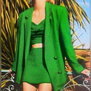 Zara Green Tweed-textured oversized blazer